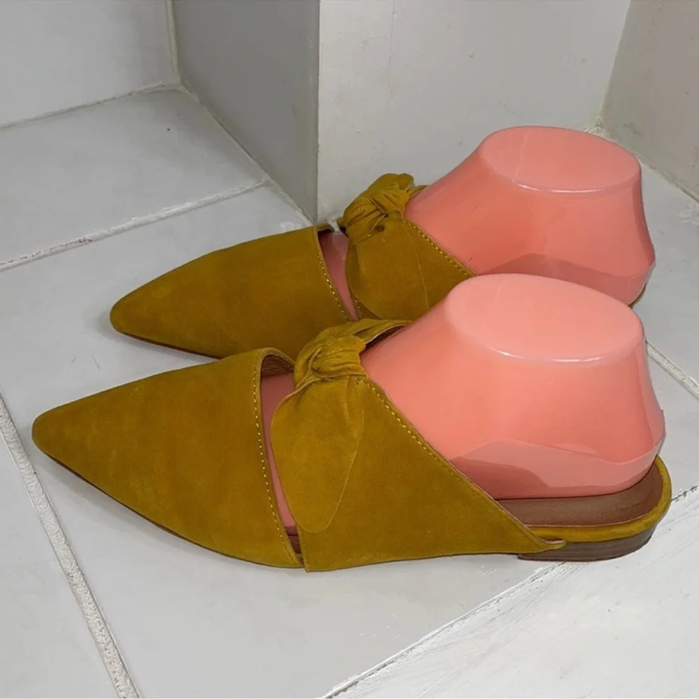 Jeffrey Campbell Genuine Leather Suede Gold Charlin Slide Slip On Bow Flats